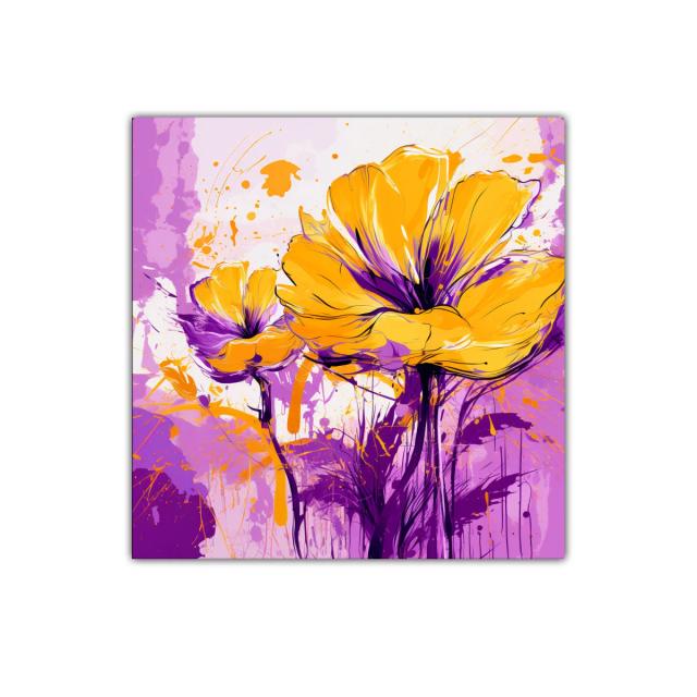 Flores vibrantes en tonos morados y amarillos intensos