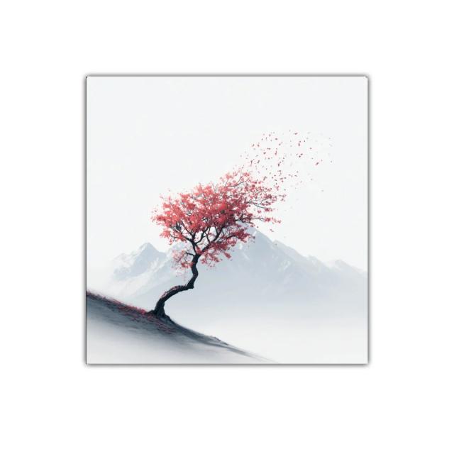 Árbol solitario con hojas rojas contra montañas