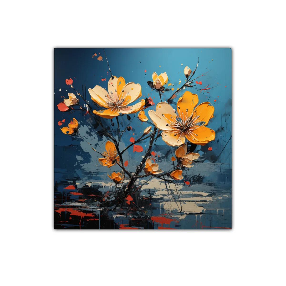 Cuadro floral en vibrantes tonos amarillos y fondo azul