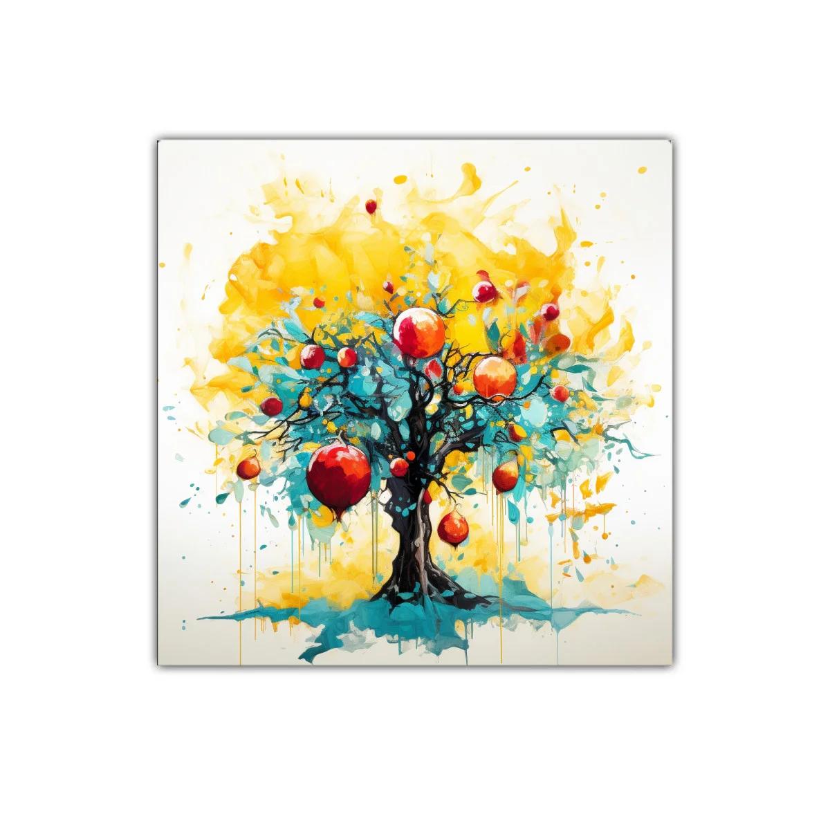 Árbol vibrante con frutos en tonos cálidos y frescos