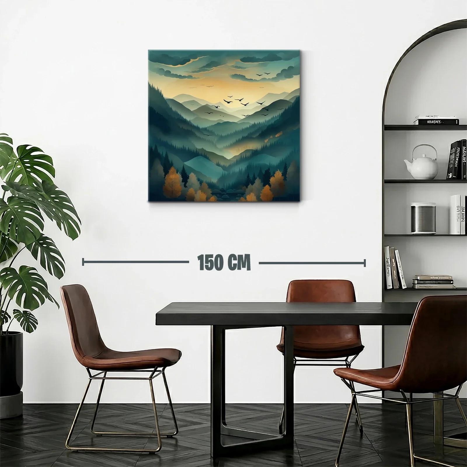 Paisaje de montañas nebulosas al amanecer con aves en vuelo — miniatura 2