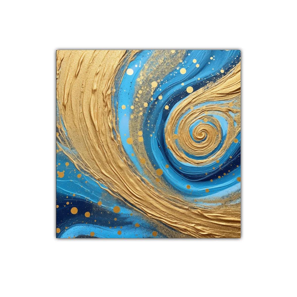 Cuadro abstracto con remolinos dorados y tonos azules
