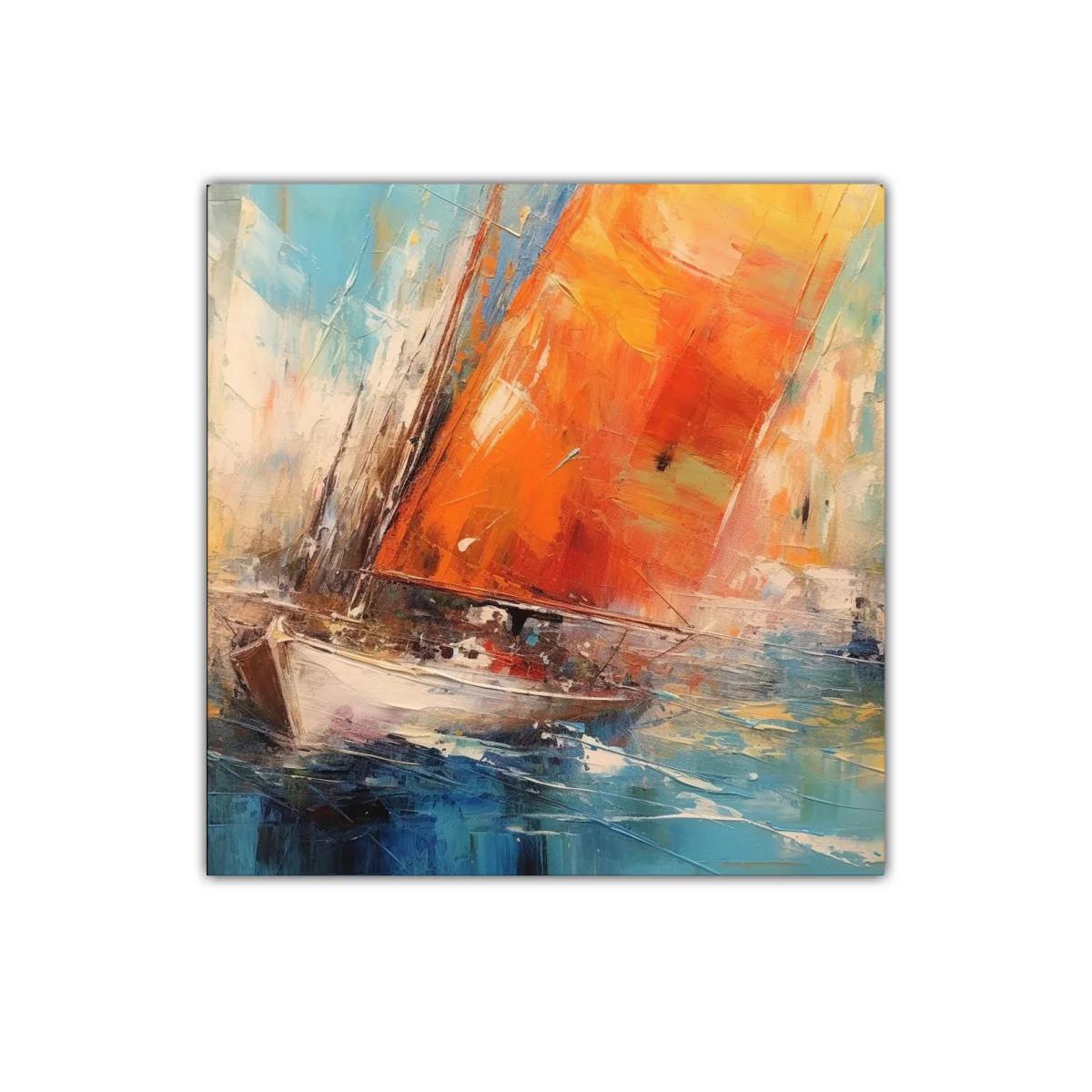 Cuadro barco con velas naranjas surcando el mar azul — imagen principal