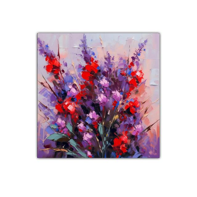 Cuadro decorativo con ramo vibrante en tonos rojos y púrpuras