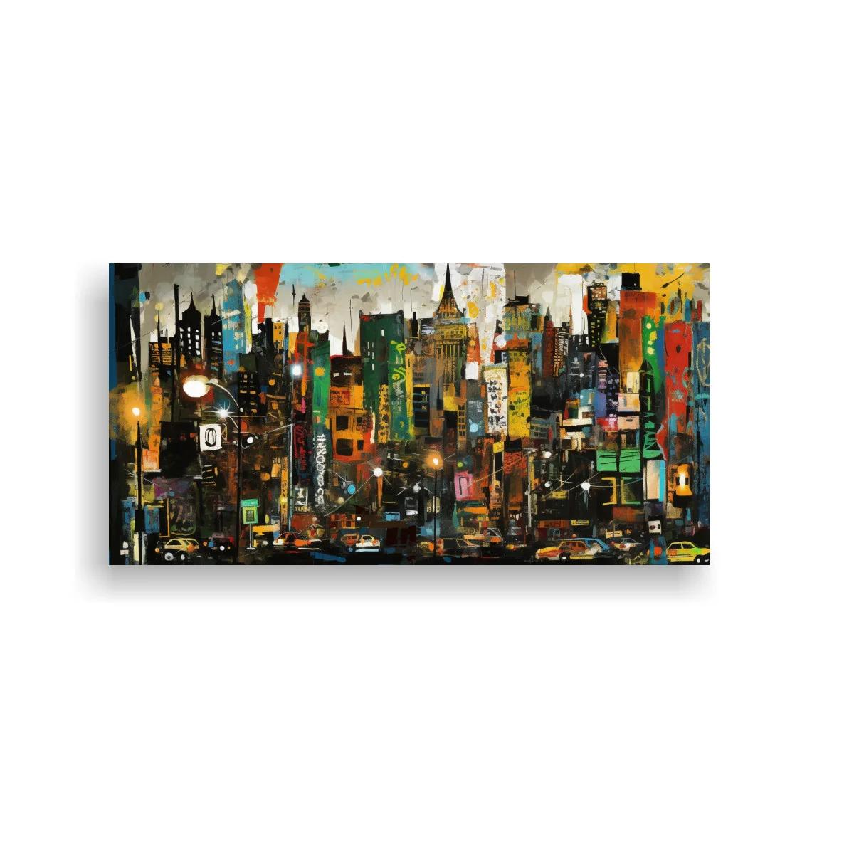 Cuadro skyline urbano nocturno con coches y farolas
