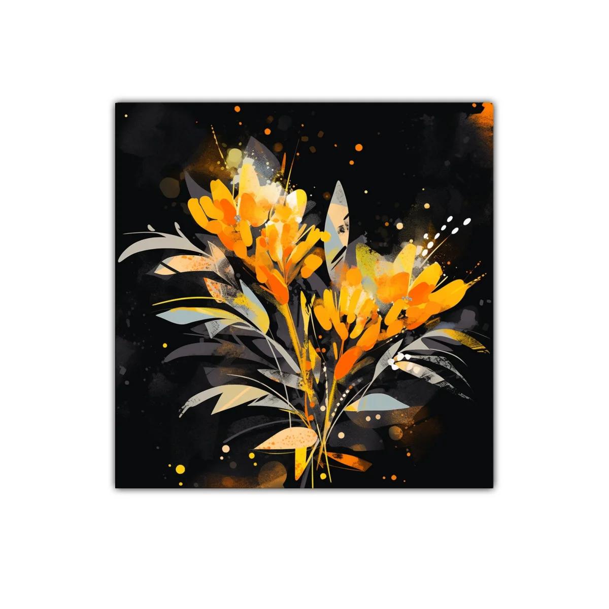 Cuadro moderno con flores naranja y detalles grisáceos