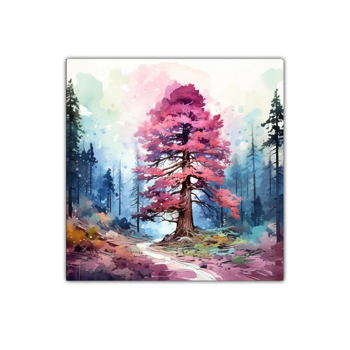 Árbol rosa en bosque de ensueño y tonos vibrantes