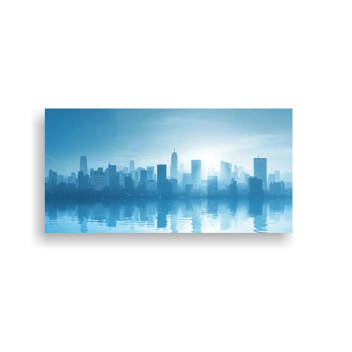 Cuadro skyline urbano reflejado en el agua con bruma luminosa