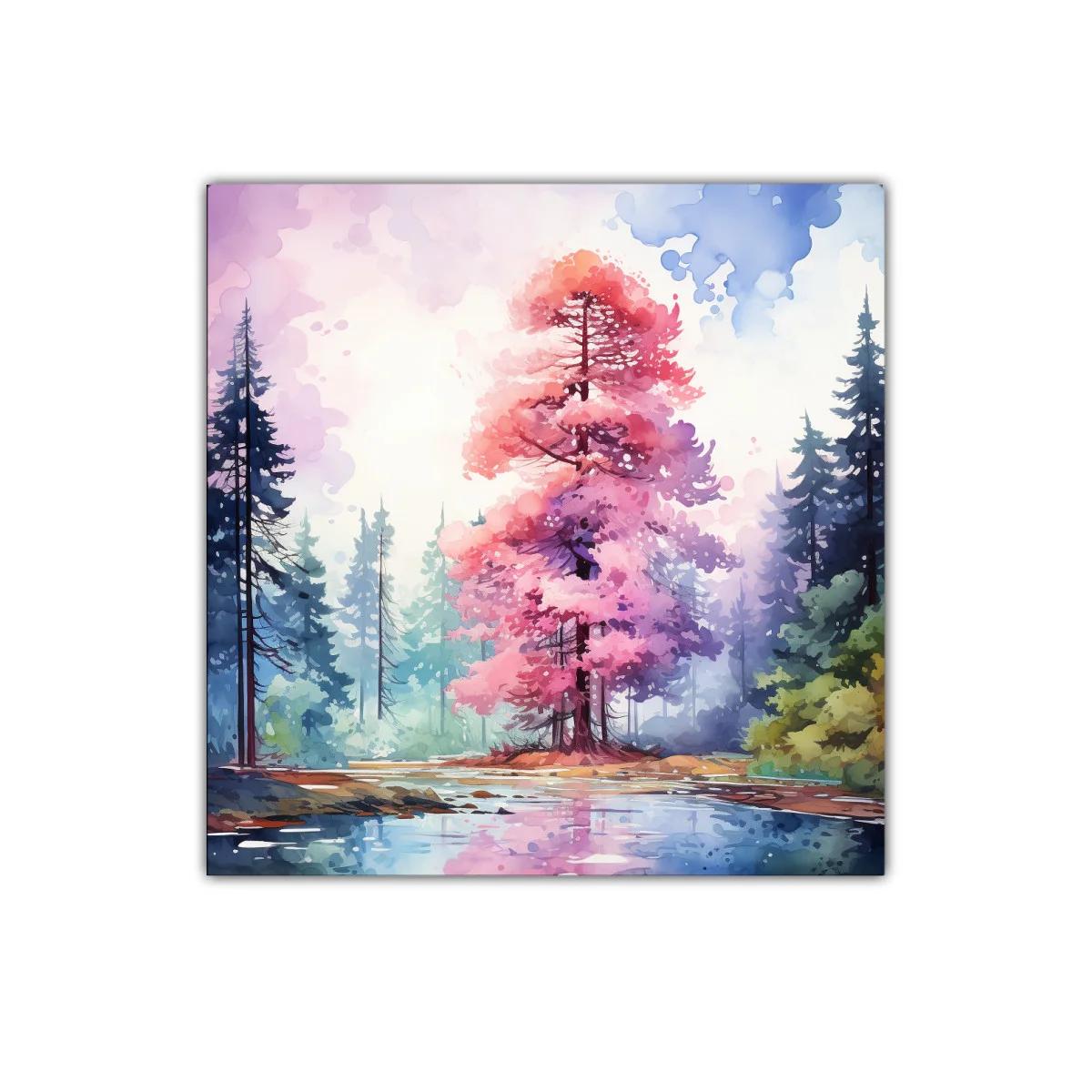 Árbol rosa en paisaje sereno junto a lago reflejado