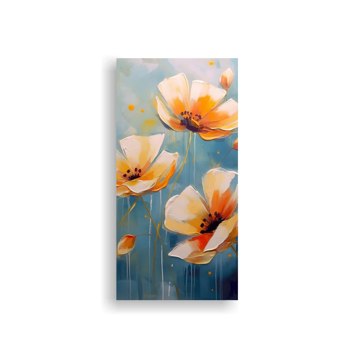 Cuadro de amapolas blancas y naranjas con fondo azul difuso — imagen principal
