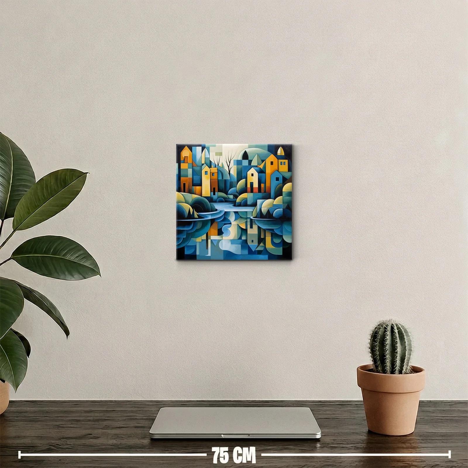 Paisaje urbano abstracto con reflejos en tonos azules y ocres — miniatura 2