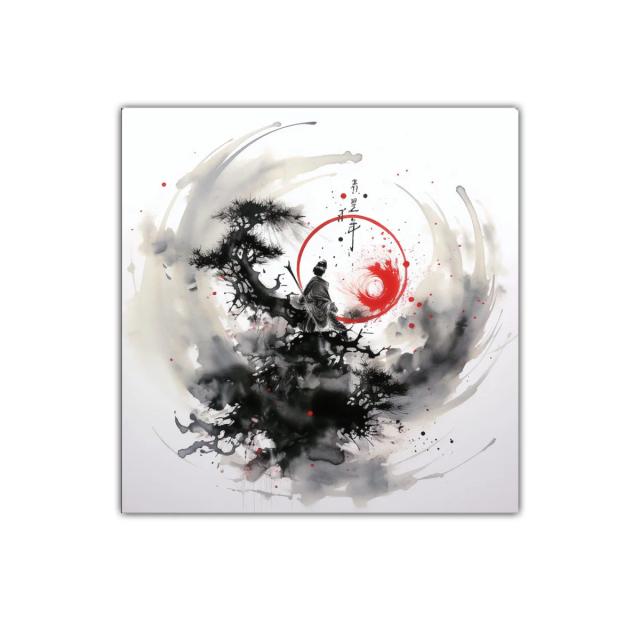Cuadro oriental con samurái y círculo rojo dinámico