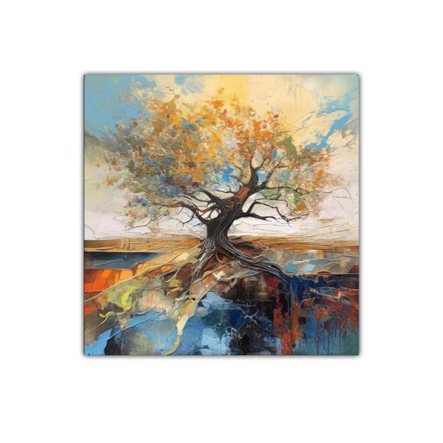 Árbol enraizado con hojas vibrantes y cielo azul