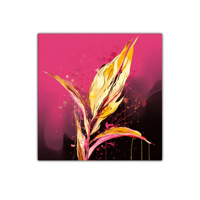 Cuadro abstracto con hojas vibrantes en tonos dorados y rosa