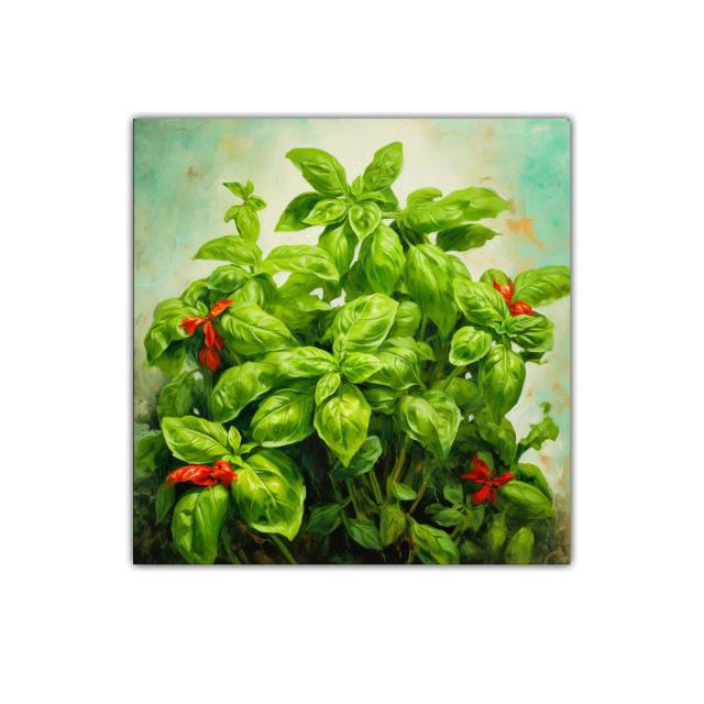 Cuadro decorativo de planta verde con flores rojas vibrantes