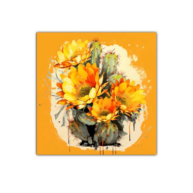 Cuadro decorativo con cactus y flores en tonos naranja y amarillo