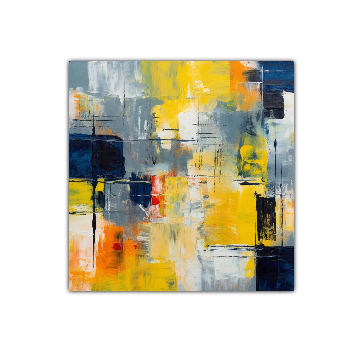 Cuadro abstracto con tonos cálidos y gráficos dinámicos