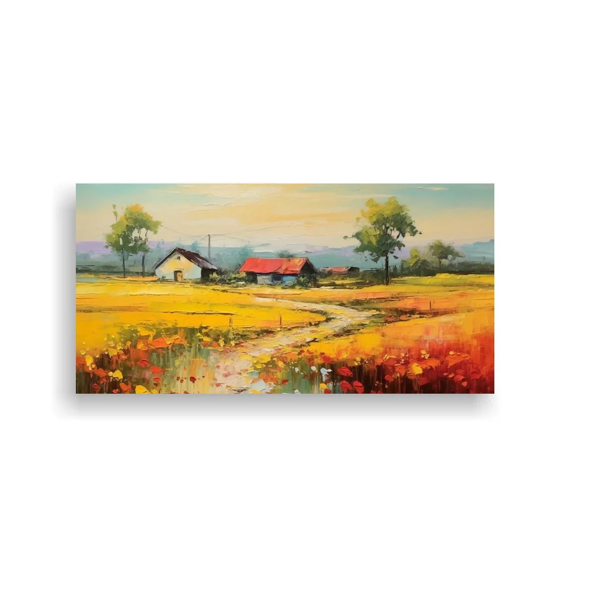 Cuadro paisaje rural con casas y camino serpenteante