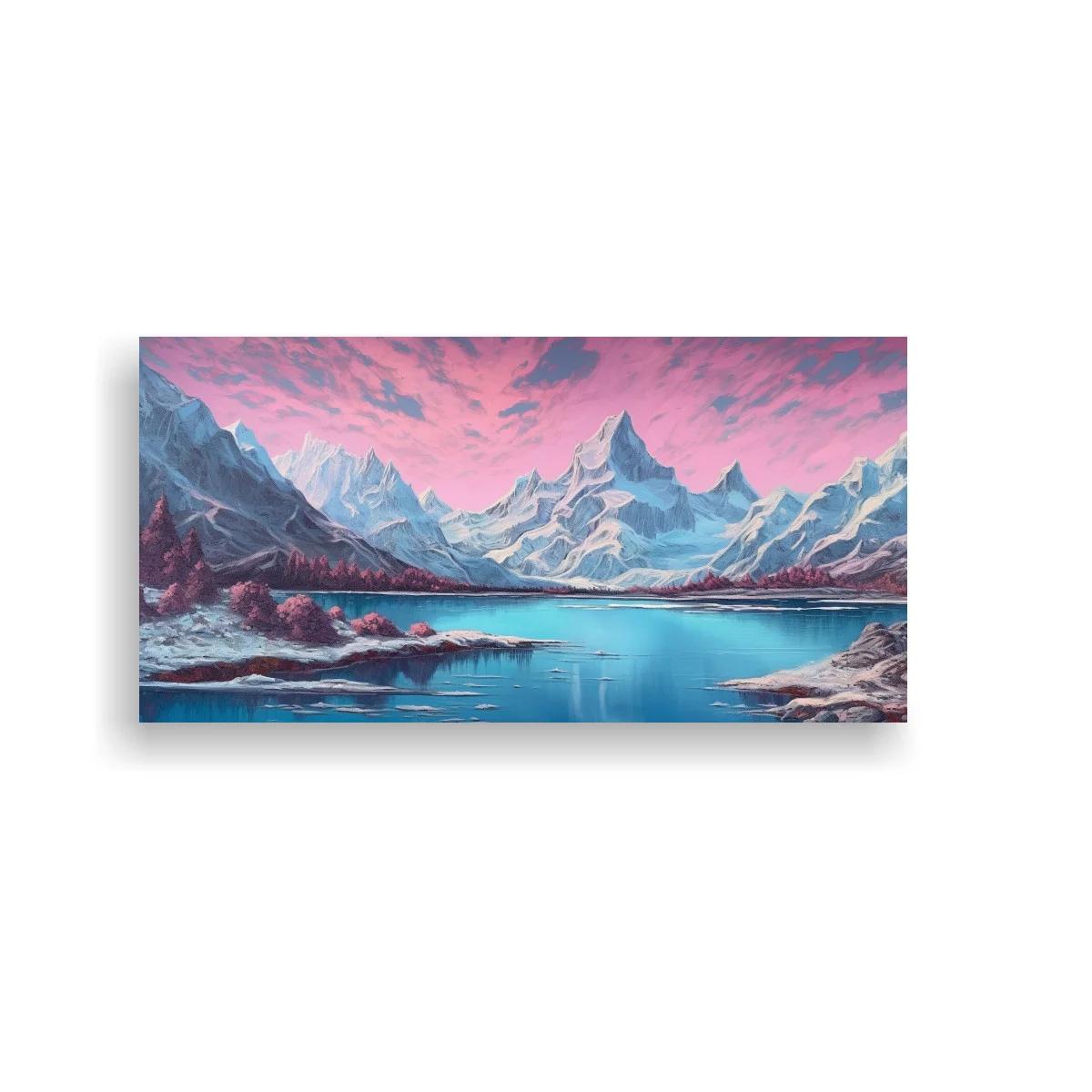 Cuadro lago de montaña con árboles rosados y orilla rocosa