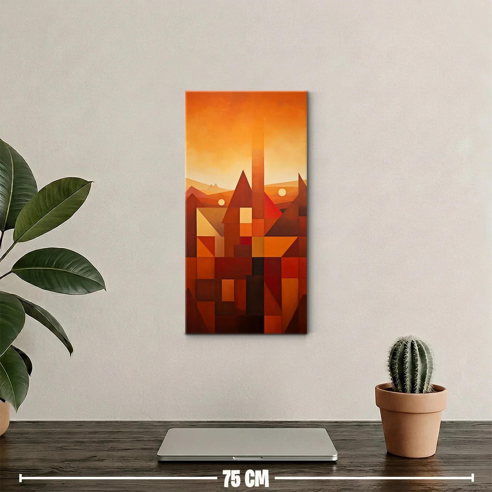 Cuadro paisaje geométrico con pirámides y torre vertical — miniatura 2