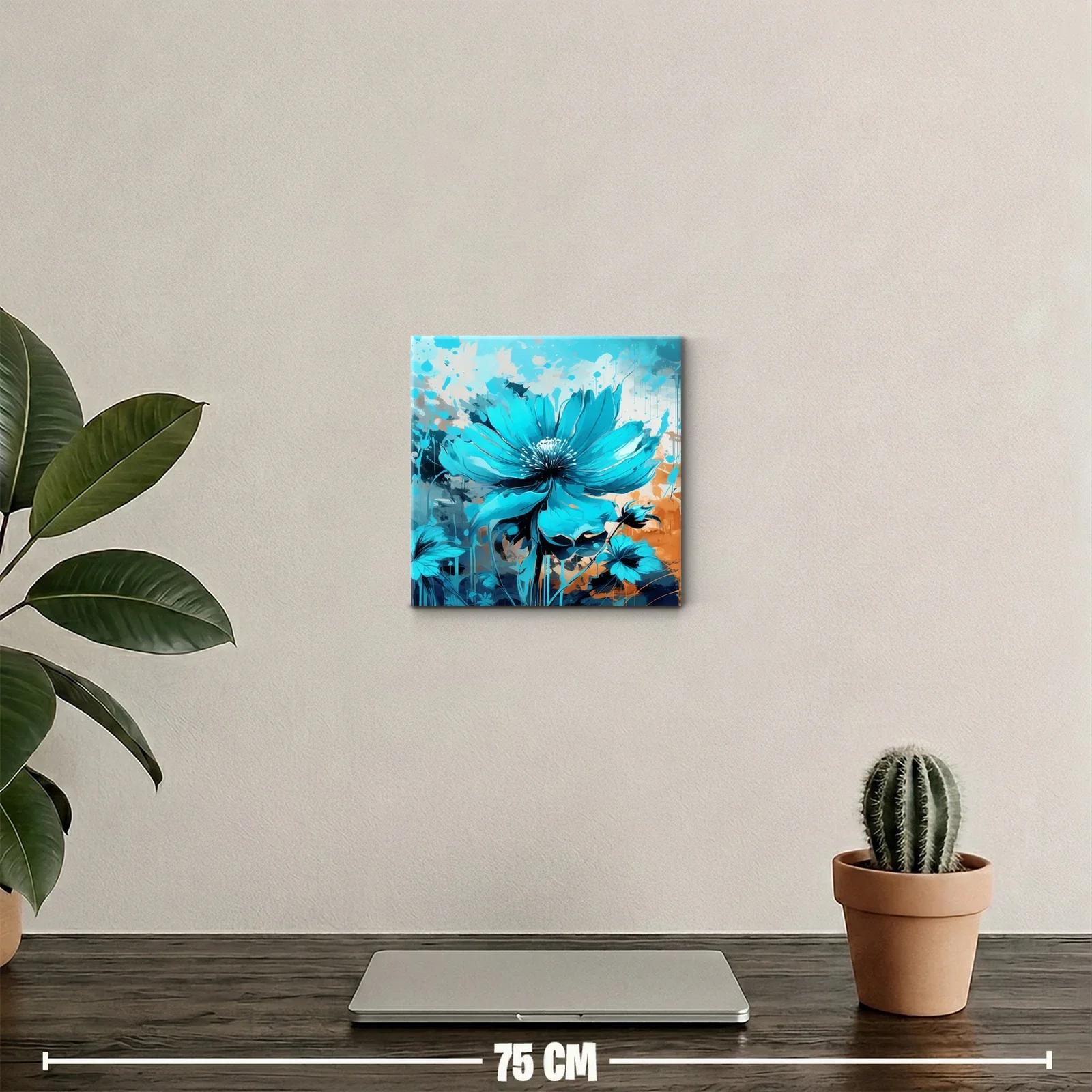 Cuadro con flor azul vibrante sobre fondo abstracto cálido — miniatura 2