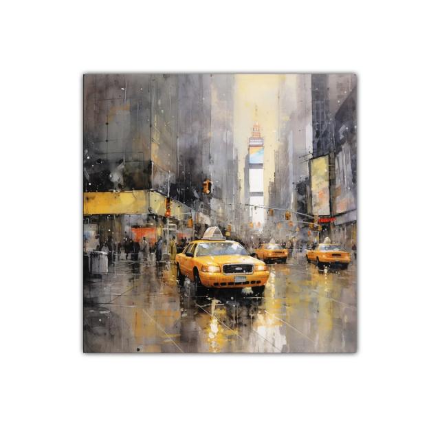Cuadro urbano con taxis amarillos y reflejos en la lluvia
