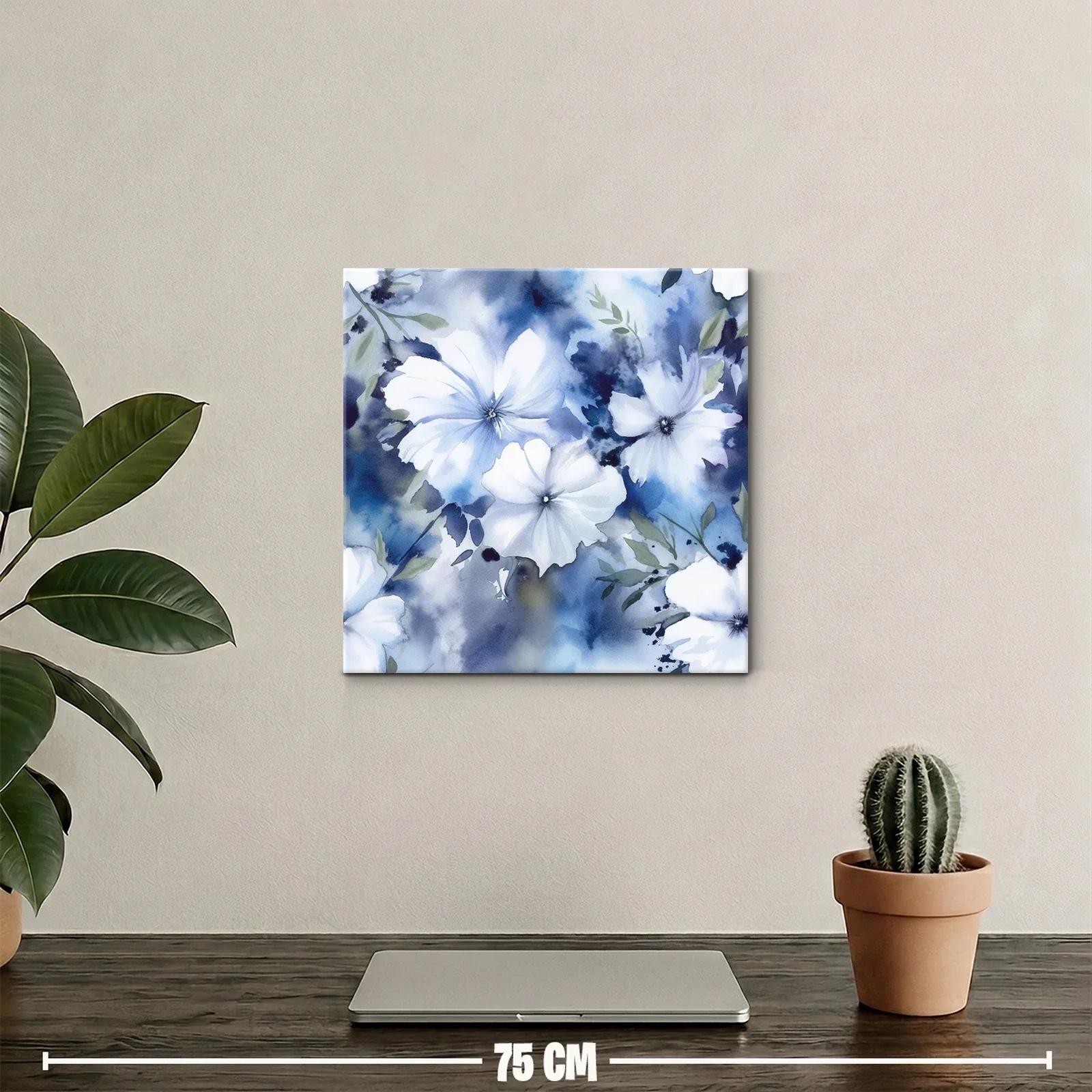 Flores blancas sobre fondo azul en acuarela delicada — miniatura 2