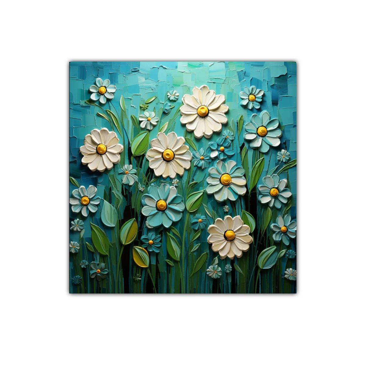 Flores blancas y azules con detalles amarillos en campo vibrante — imagen principal