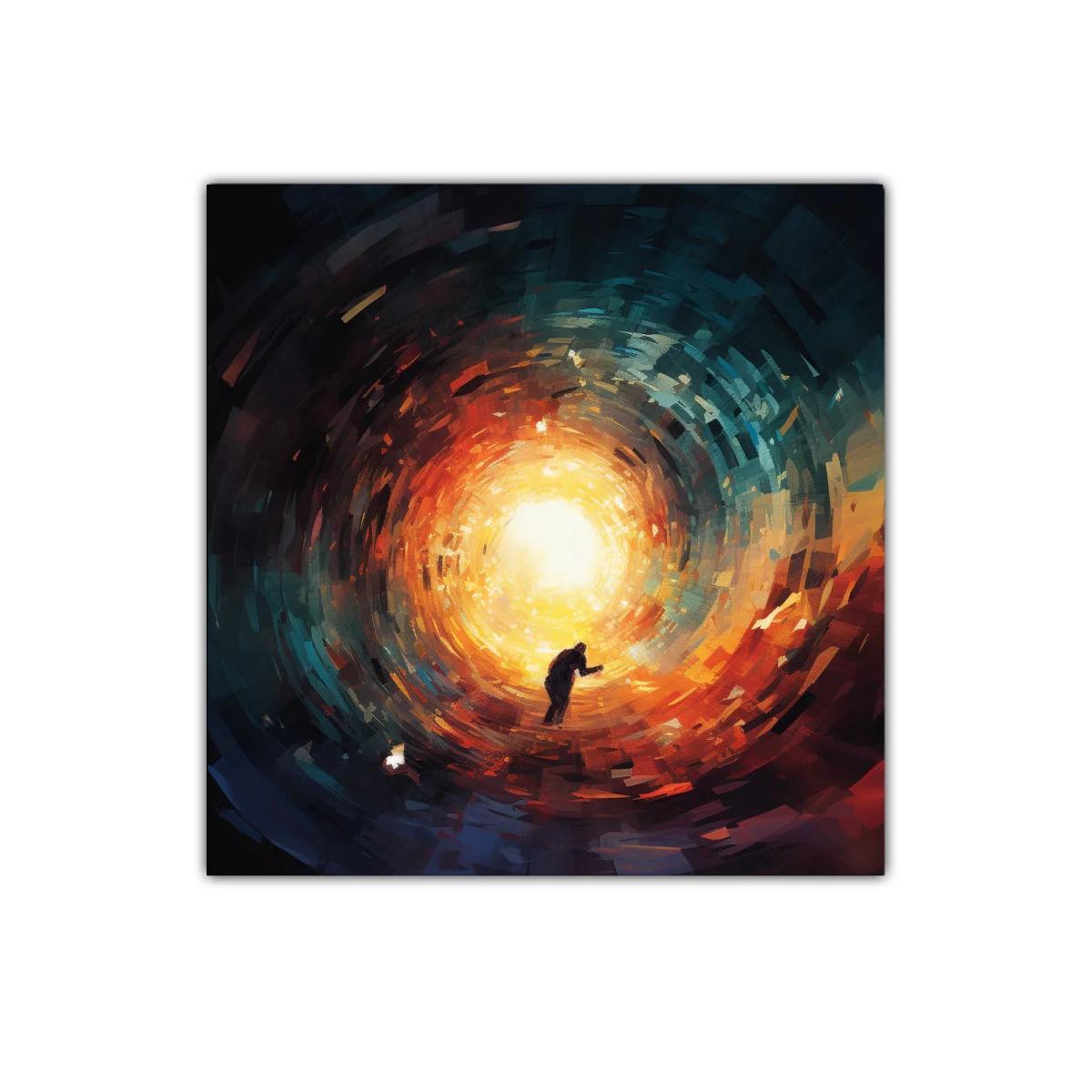 Cuadro artístico de figura caminando hacia la luz intensa — imagen principal