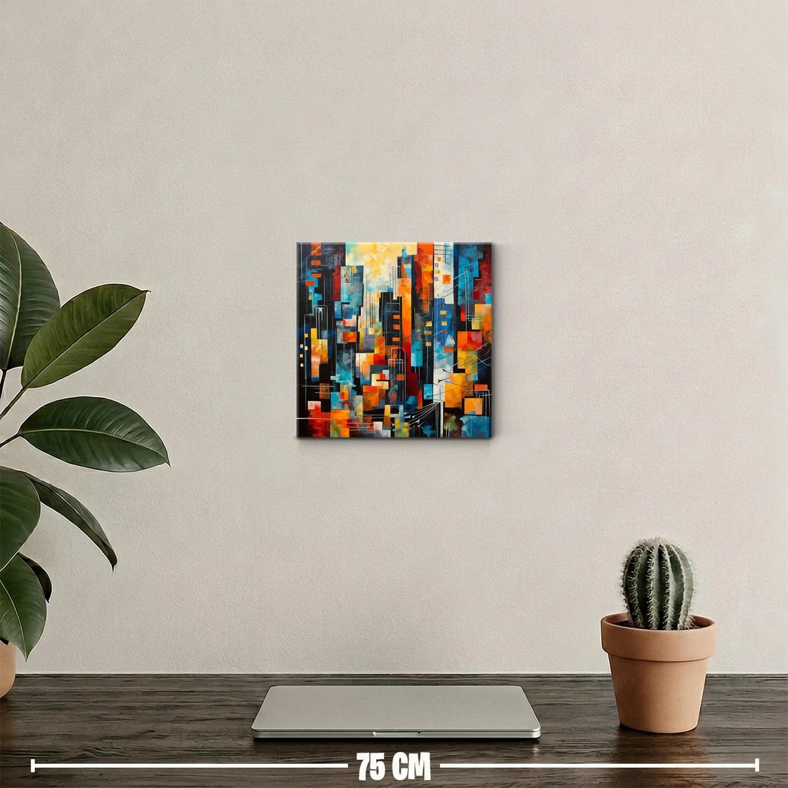 Cuadro abstracto con vibrante ciudad en tonos cálidos y fríos — miniatura 2