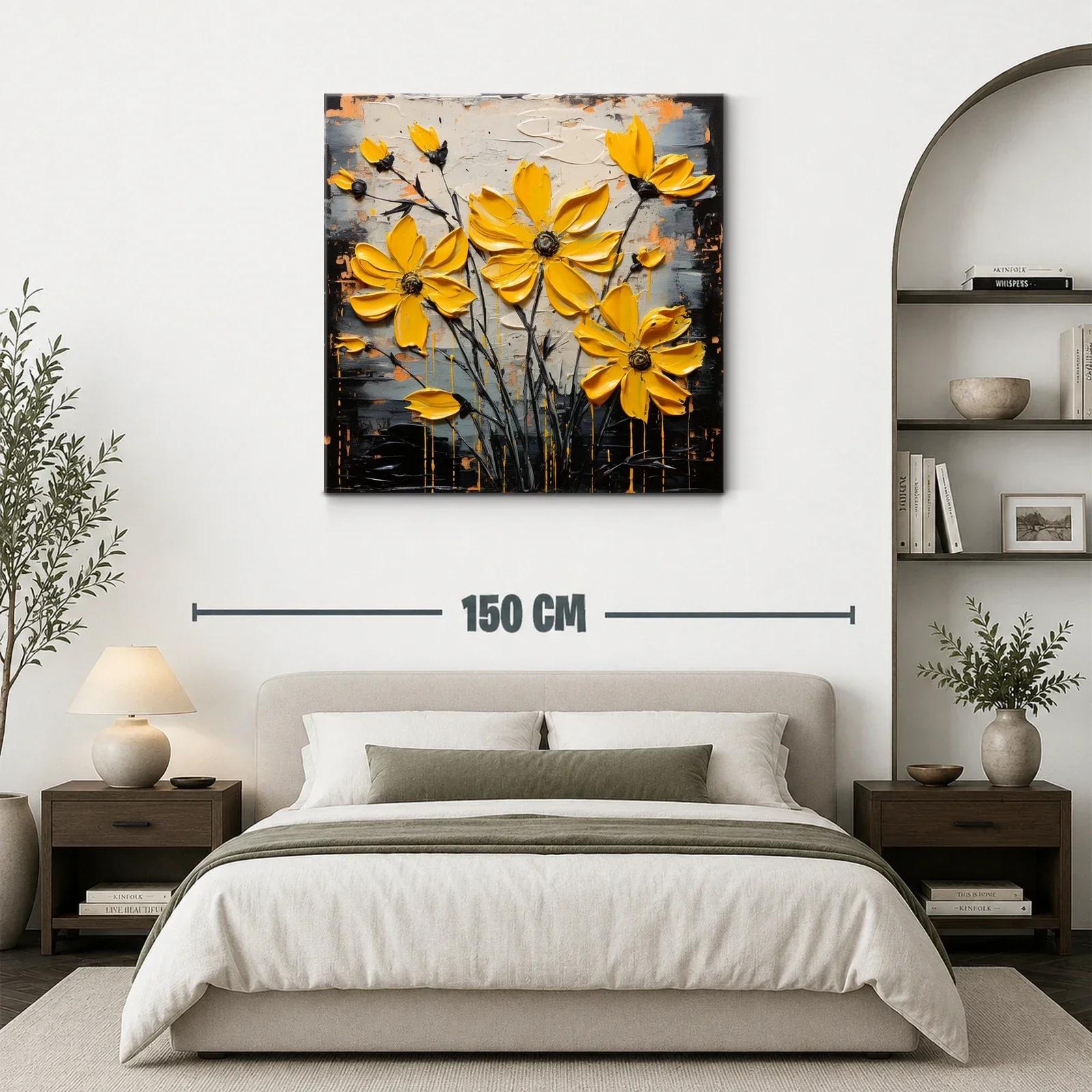 Cuadro moderno con flores amarillas vibrantes y fondo abstracto — miniatura 3
