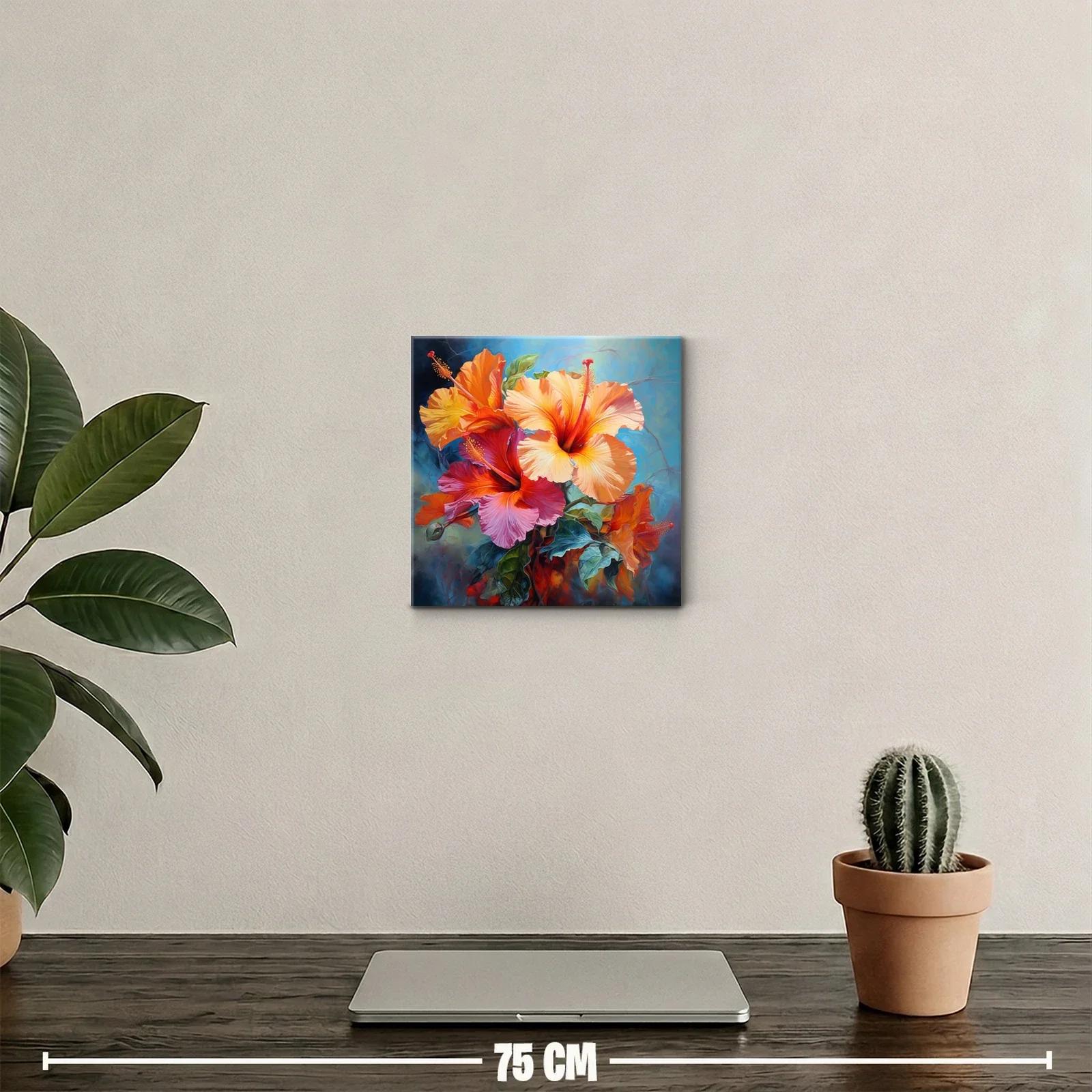 Colorido cuadro floral con hibiscos vibrantes sobre fondo azul — miniatura 2