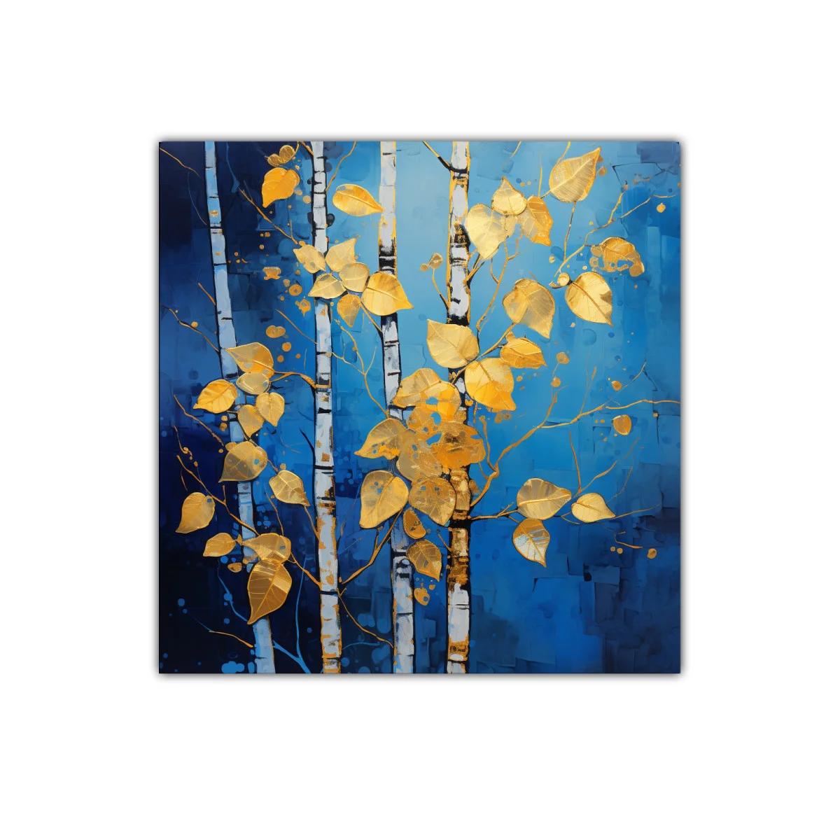 Cuadro decorativo ramas doradas sobre fondo azul intenso — imagen principal