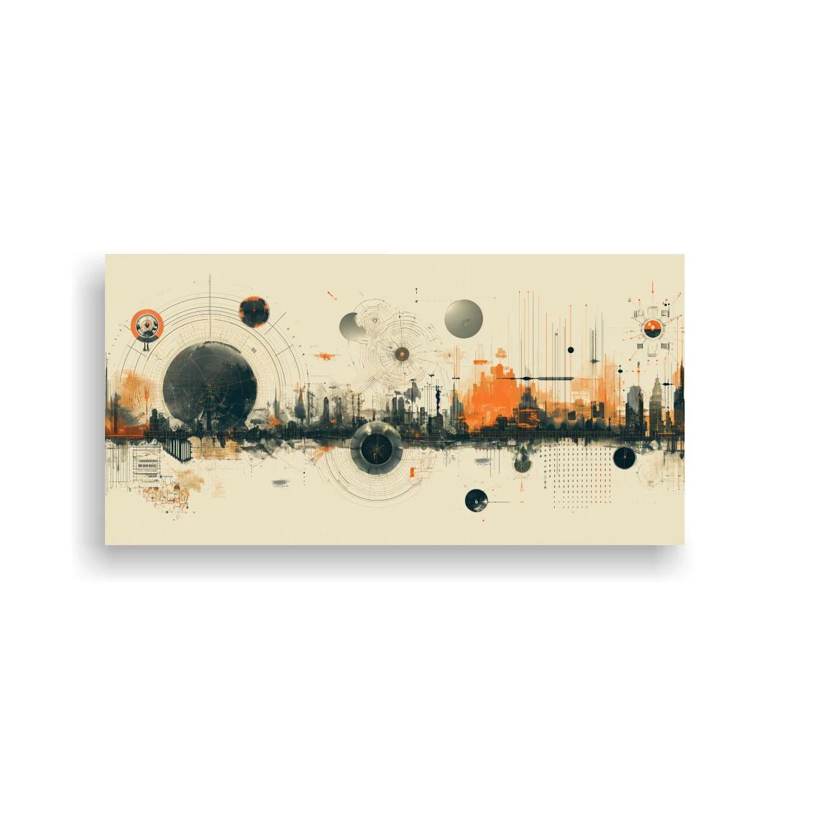 Cuadro skyline abstracto con anillos y grafismos técnicos