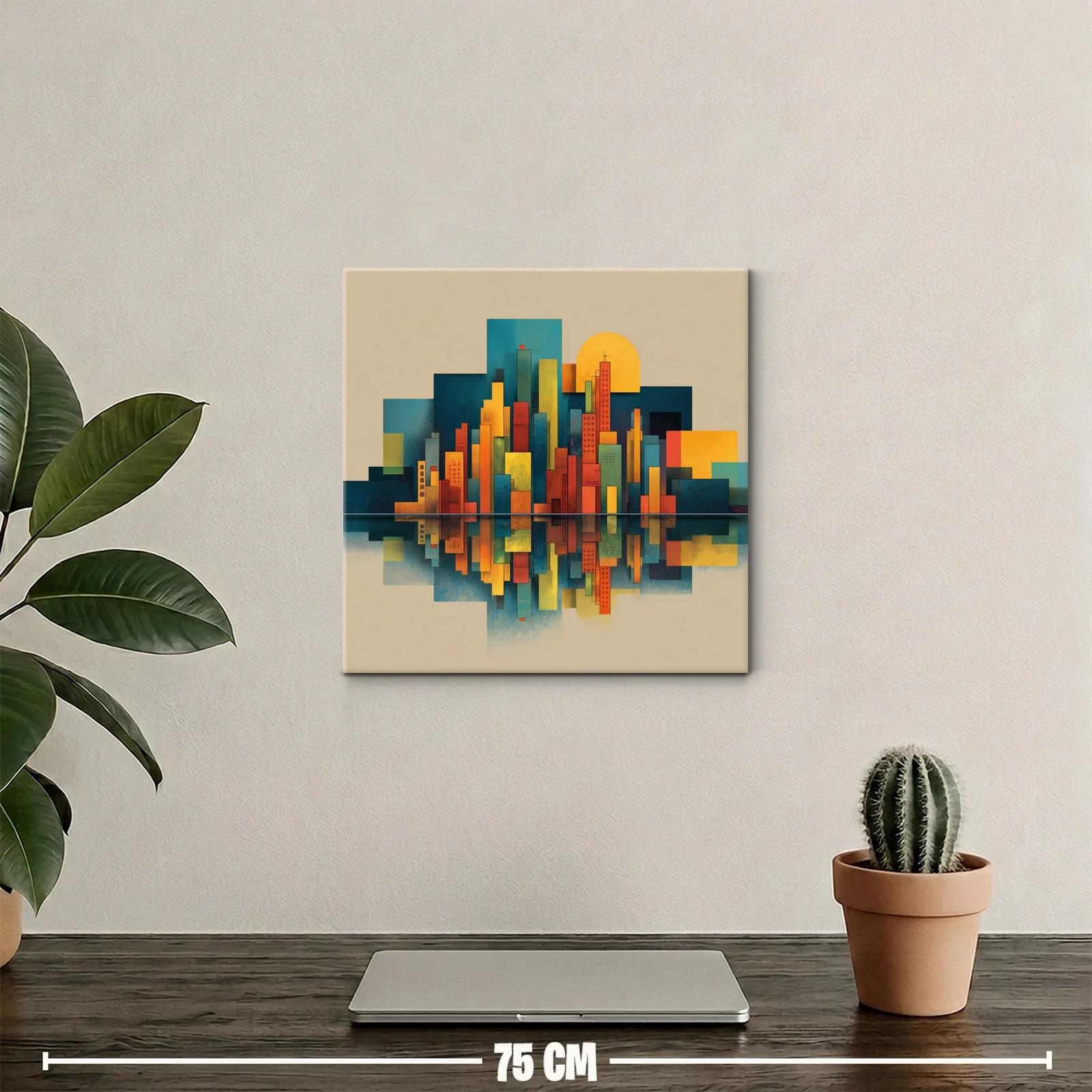 Cuadro de ciudad geométrica con reflejo al atardecer — miniatura 2