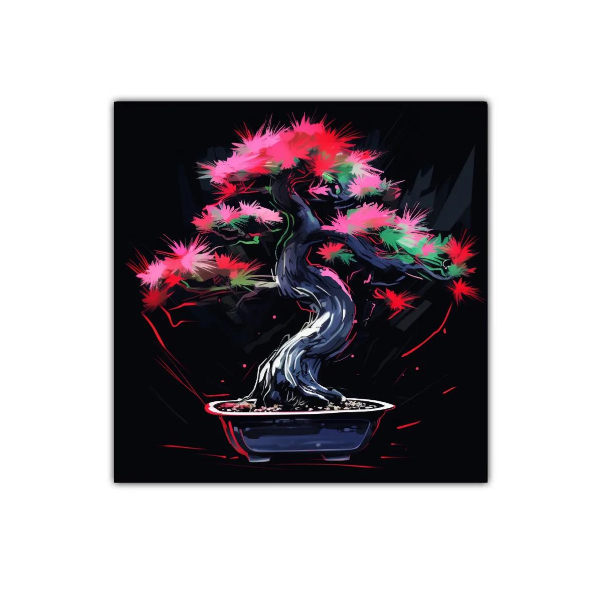 Árbol bonsái con flores vibrantes en fondo oscuro — miniatura 1
