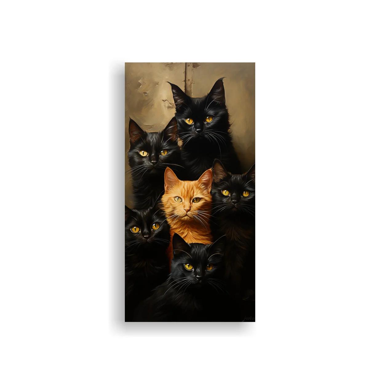 Cuadro grupo de gatos negros y un gato naranja