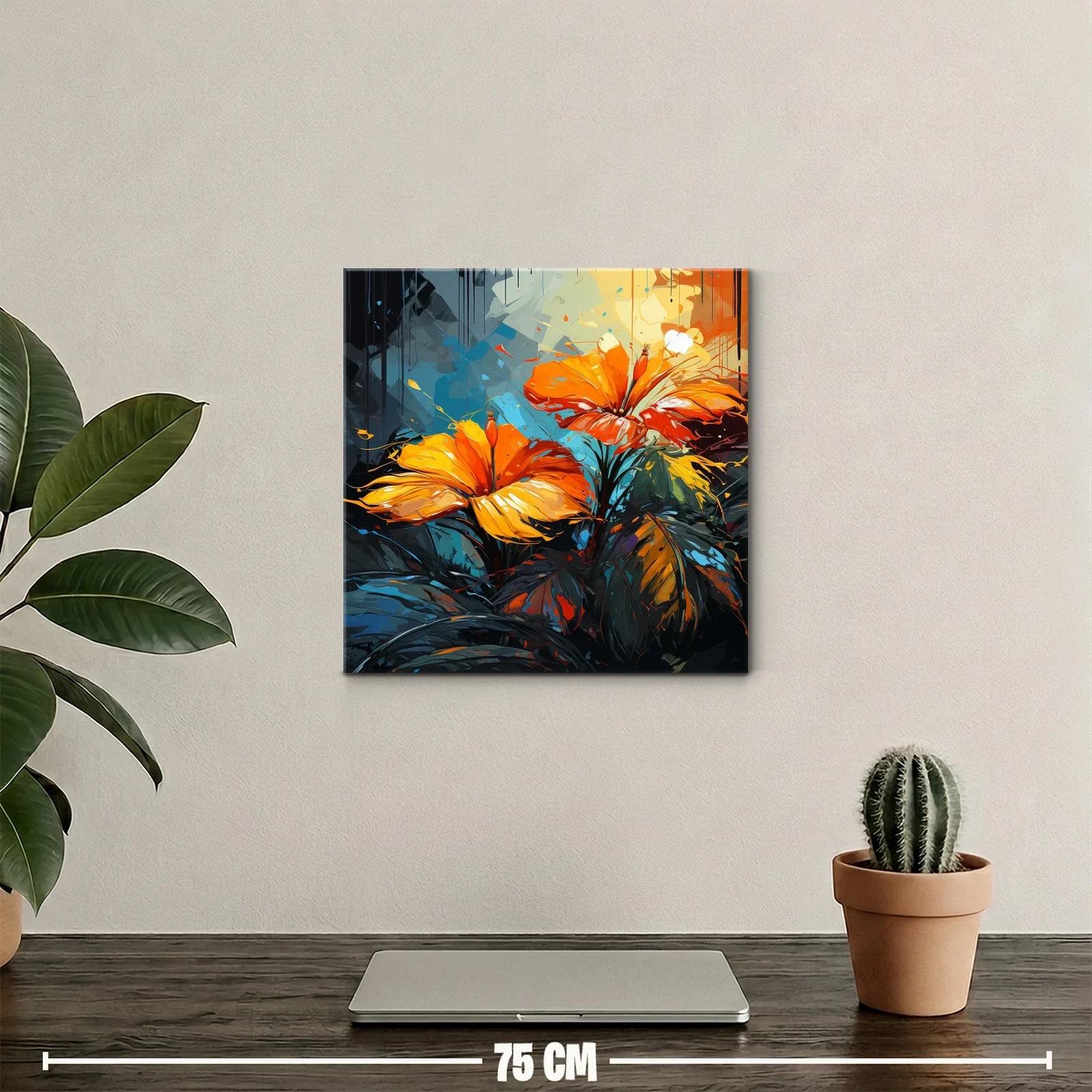 Cuadro vibrante con flores naranjas y hojas oscuras — miniatura 2