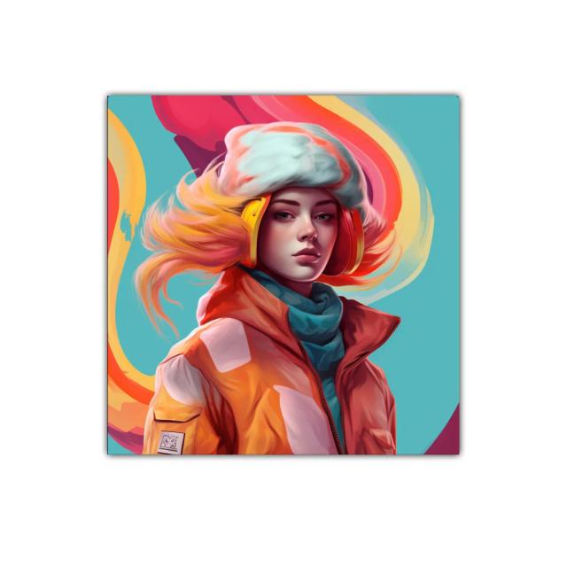 Retrato vibrante de mujer con auriculares y abrigo naranja