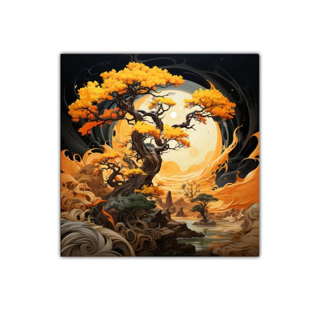 Árboles dorados bajo luna llena en paisaje místico