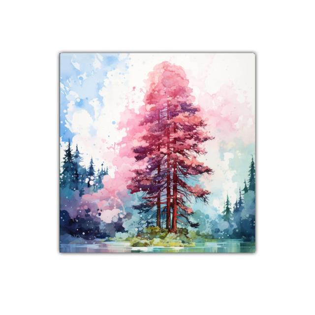 Árbol rosa sobre isla en lago entre bosque difuminado