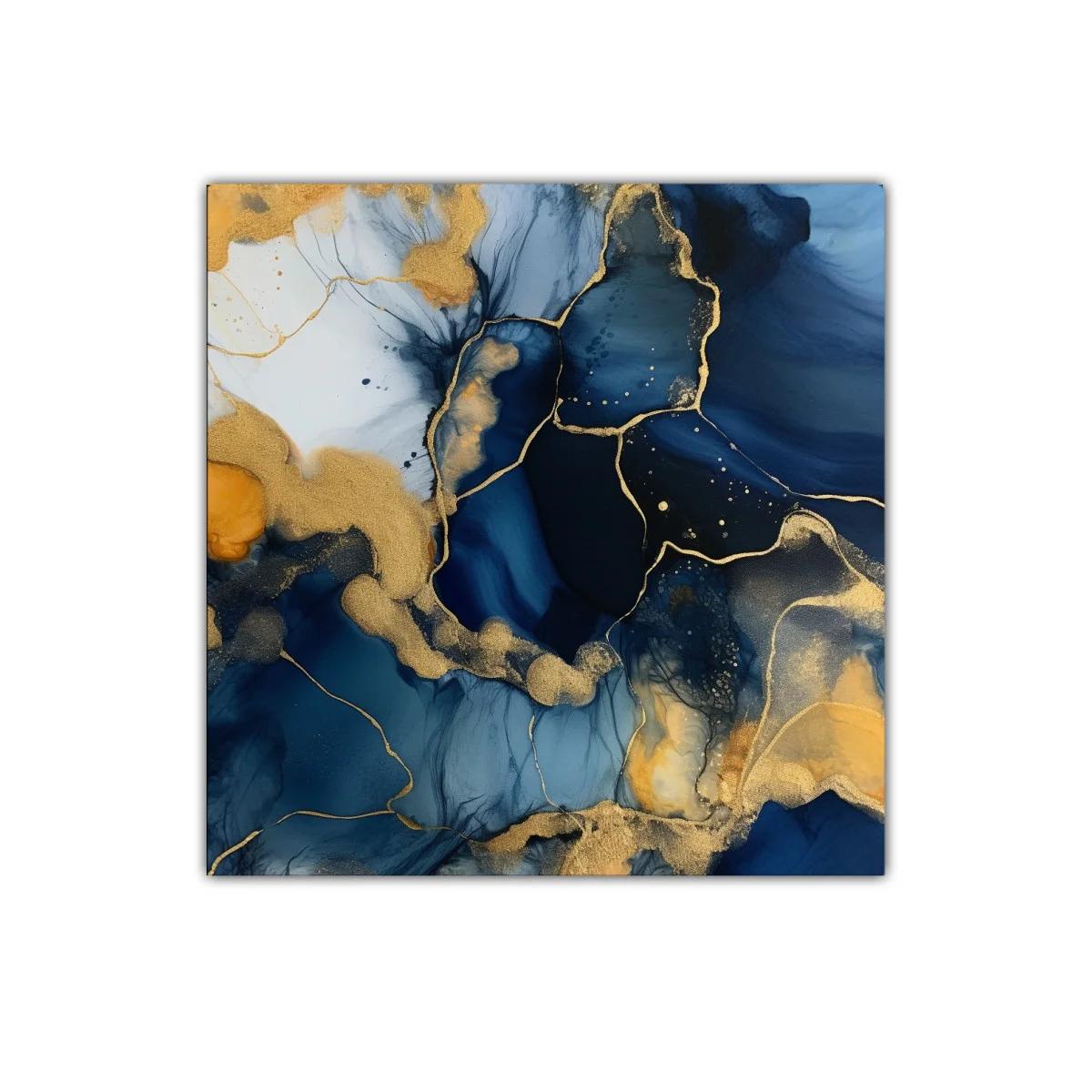Arte abstracto en azul y dorado con textura fluida y elegante