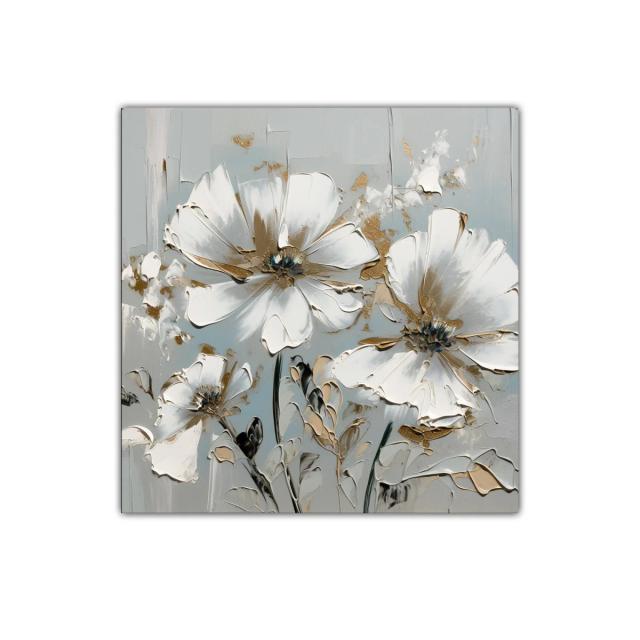 Cuadro decorativo flores blancas con toques dorados y fondo gris