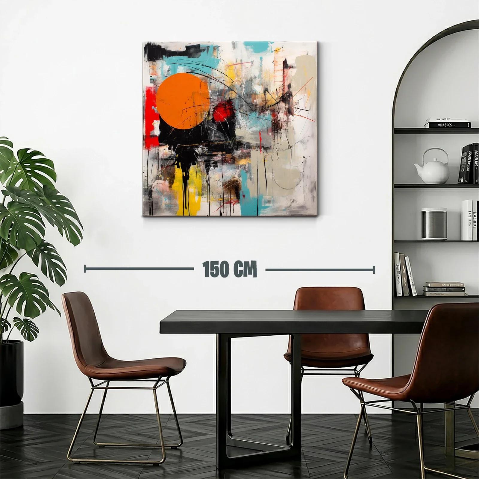 Cuadro abstracto con círculo naranja y trazos dinámicos — miniatura 2