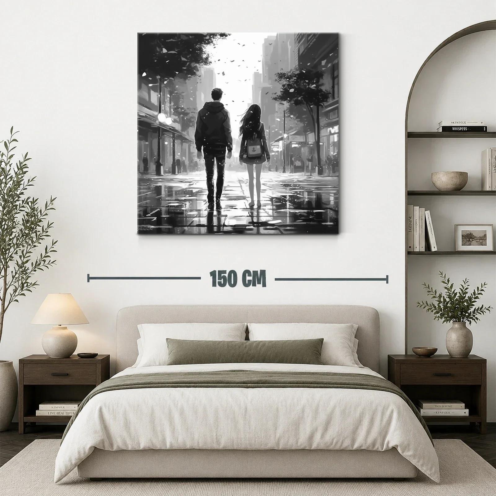 Pareja caminando en ciudad bajo lluvia suave en blanco y negro — miniatura 3