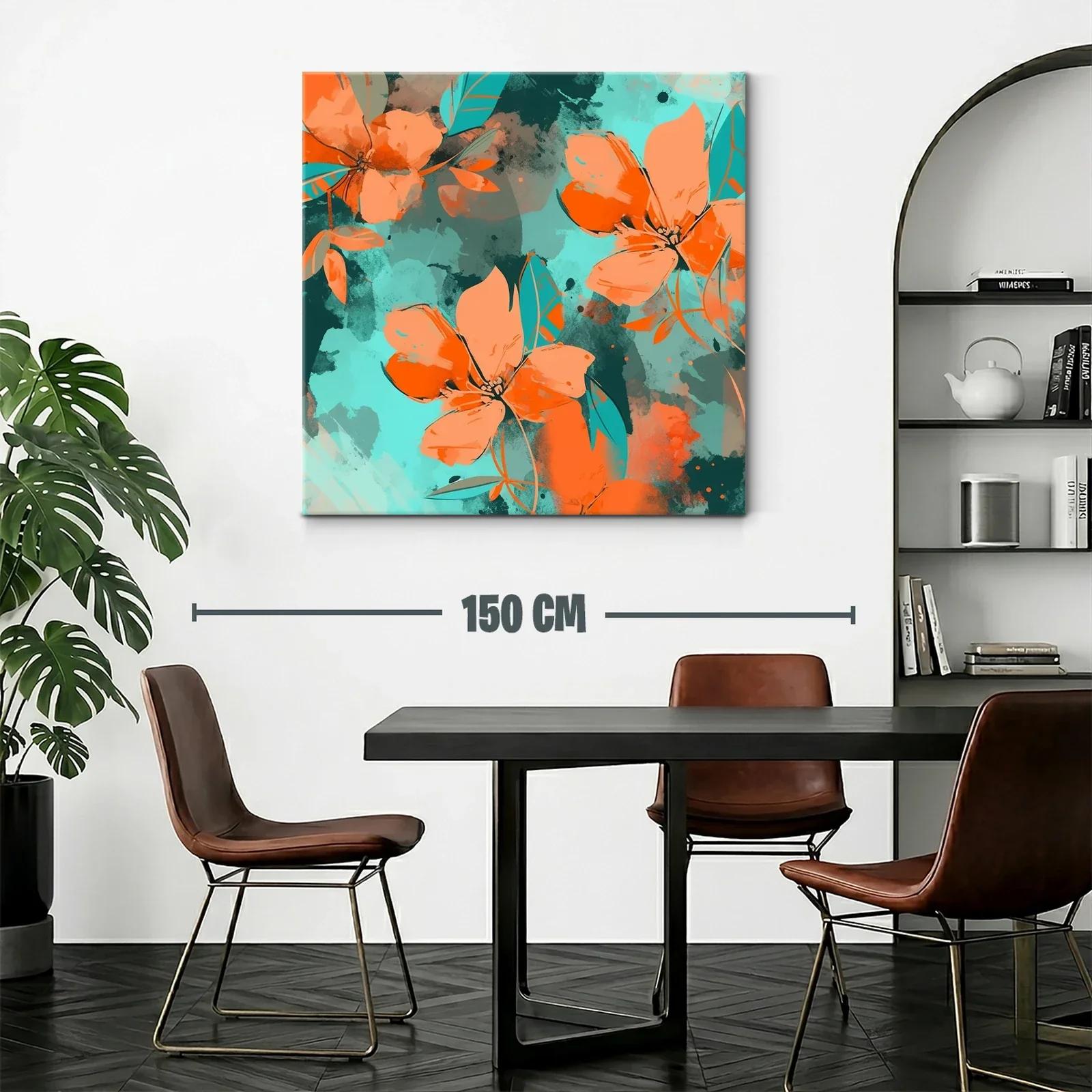 Cuadro moderno con flores vibrantes en tonos naranjas y turquesas — miniatura 2