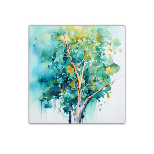 Árbol en acuarela con tonos vibrantes y suaves contrastes