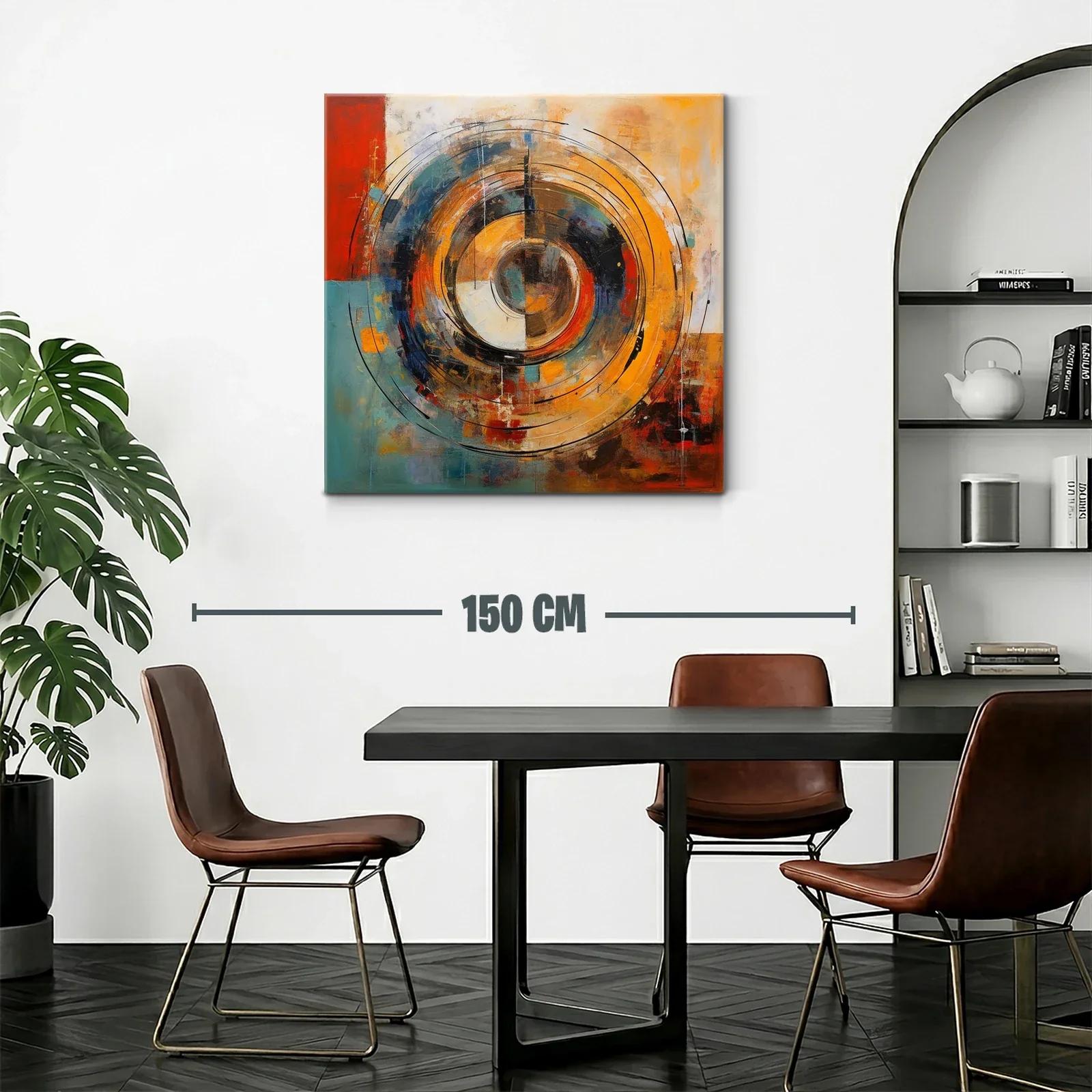 Cuadro abstracto con círculos concéntricos en tonos cálidos y fríos — miniatura 2