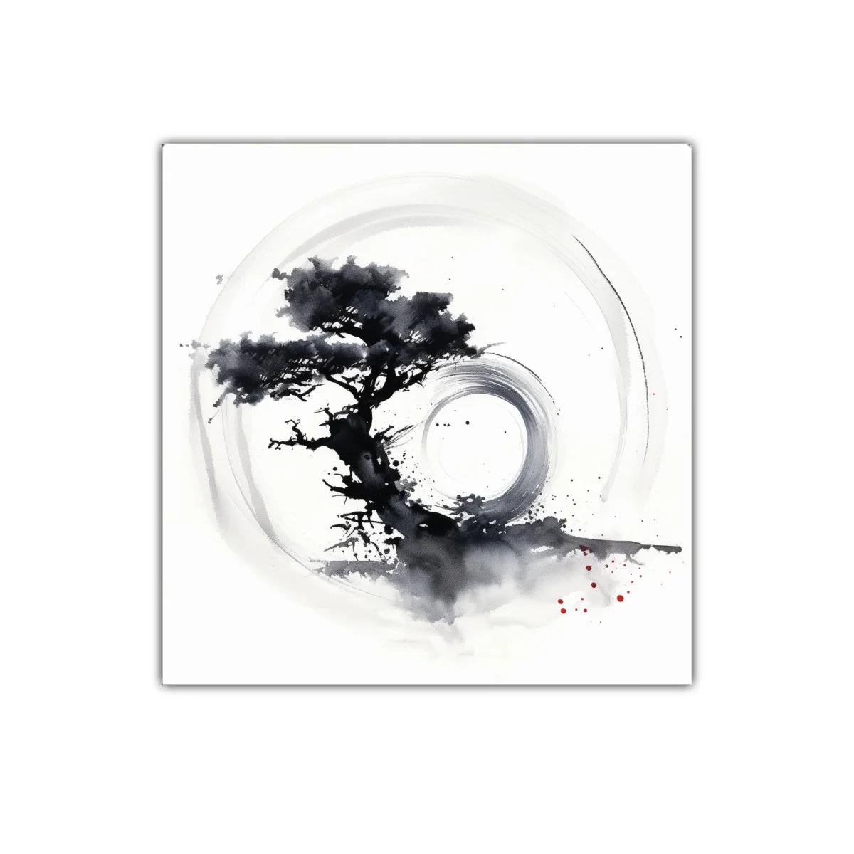 Cuadro árbol zen con círculo en tinta monocroma — imagen principal