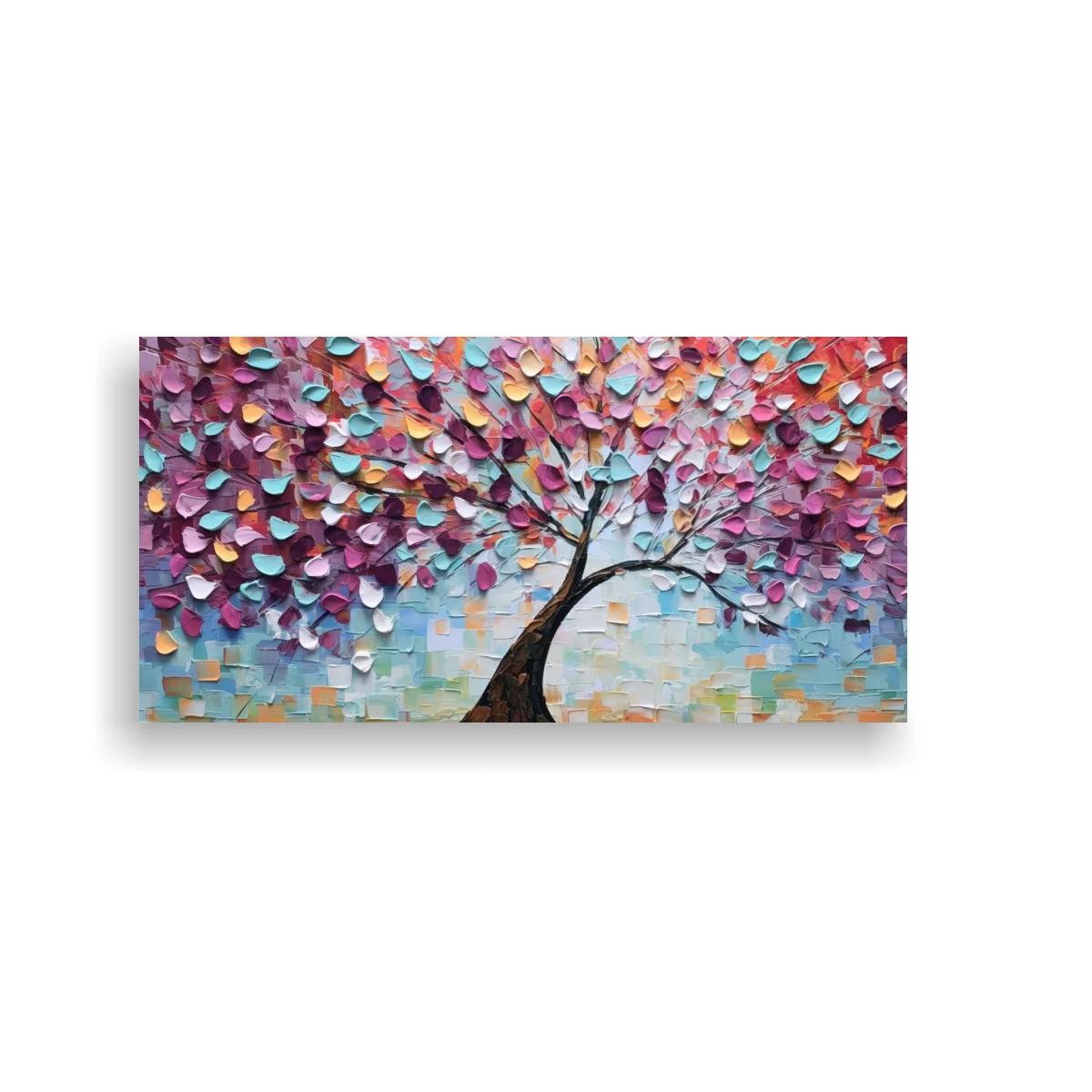 Cuadro árbol con hojas de colores y tronco curvado